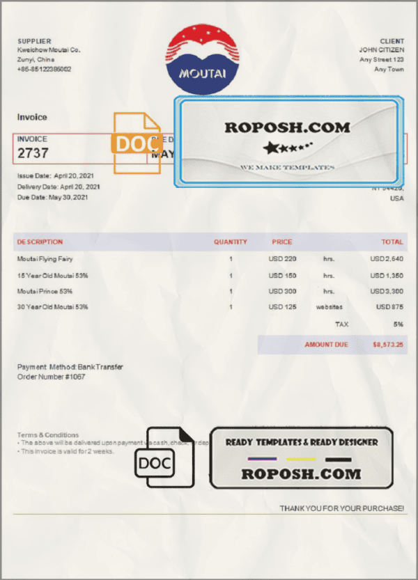 USA Moutai invoice template in Word and PDF format, fully editable