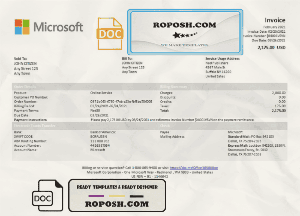 USA Microsoft invoice template in Word and PDF format, fully editable