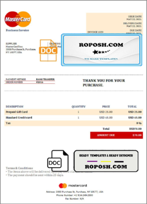 USA MasterCard invoice template in Word and PDF format, fully editable