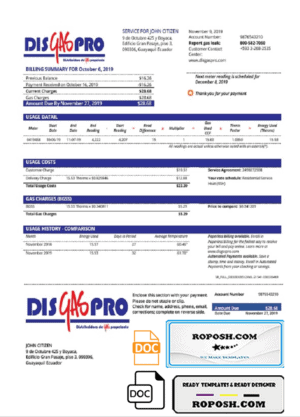 Ecuador Disgaspro gas utility bill template in Word and PDF format