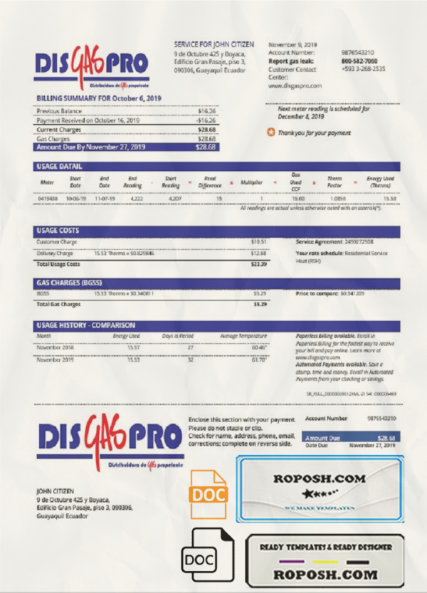 Ecuador Disgaspro gas utility bill template in Word and PDF format scan effect
