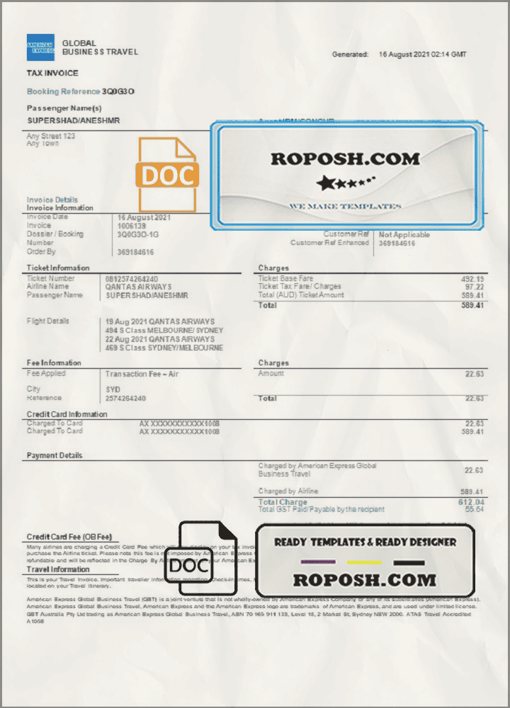 USA American Express invoice template in Word and PDF format, fully editable USA American Express invoice template in Word and PDF format, fully editable