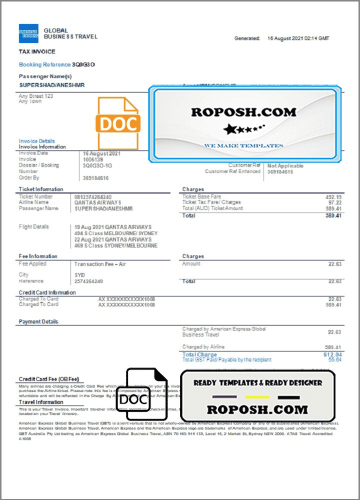 USA American Express invoice template in Word and PDF format, fully editable USA American Express invoice template in Word and PDF format, fully editable