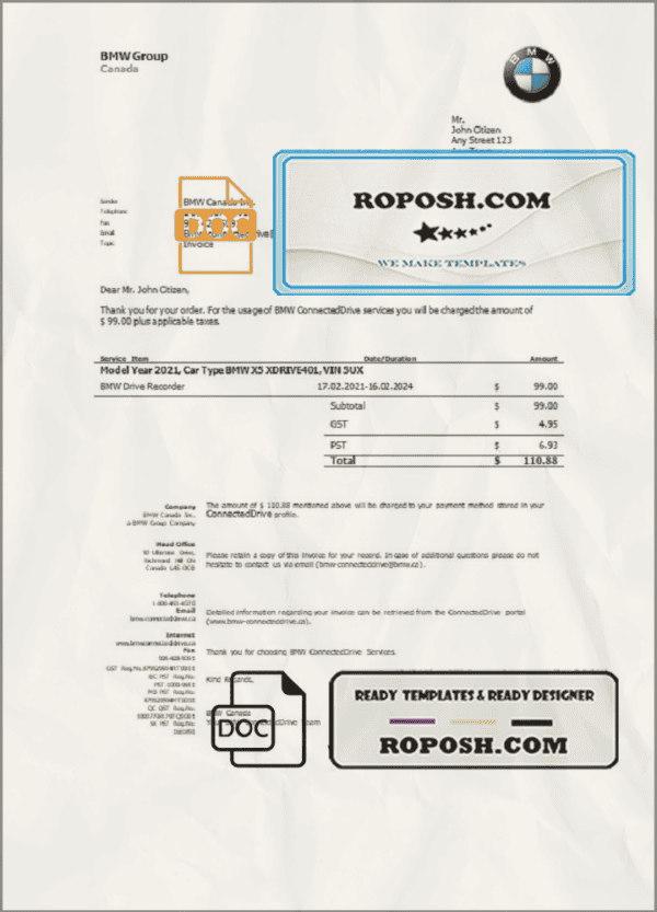 USA BMW invoice template in Word and PDF format, fully editable