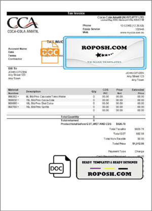 USA Coca-Cola invoice template in Word and PDF format, fully editable