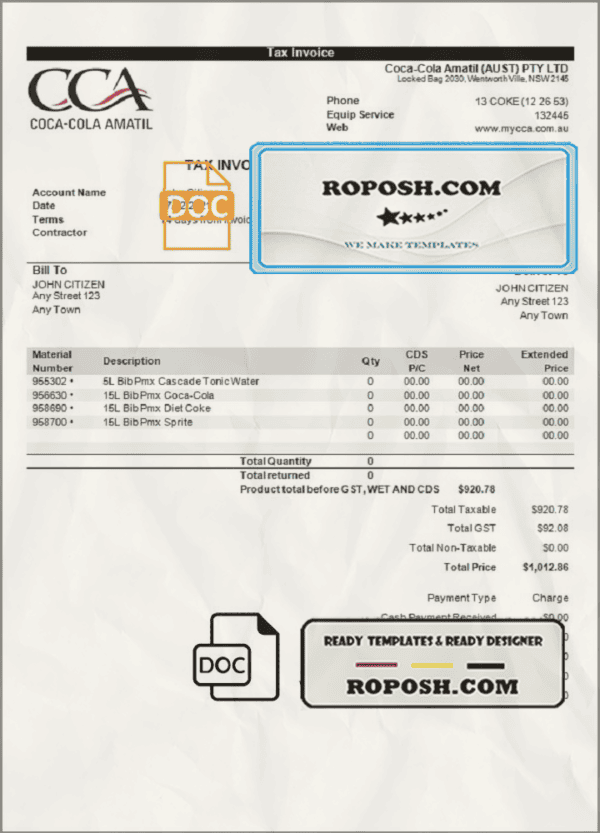 USA Coca-Cola invoice template in Word and PDF format, fully editable