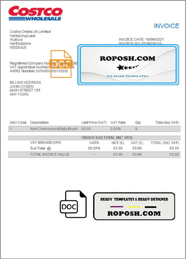 USA Costco invoice template in Word and PDF format, fully editable