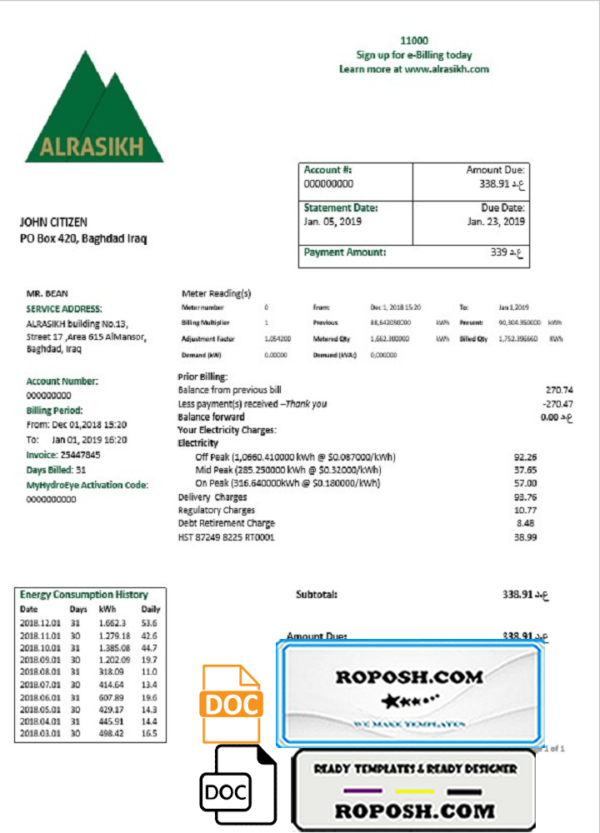 Iraq AlRasikh electricity utility bill template in Word and PDF format