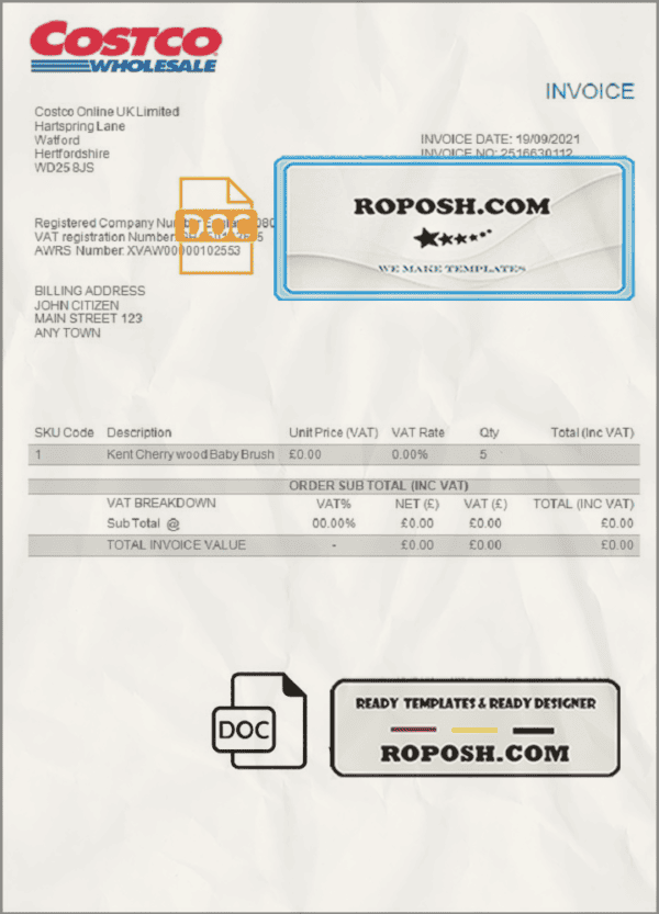 USA Costco invoice template in Word and PDF format, fully editable