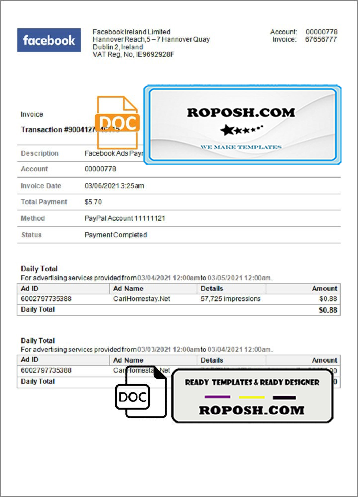 USA Facebook invoice template in Word and PDF format, fully editable