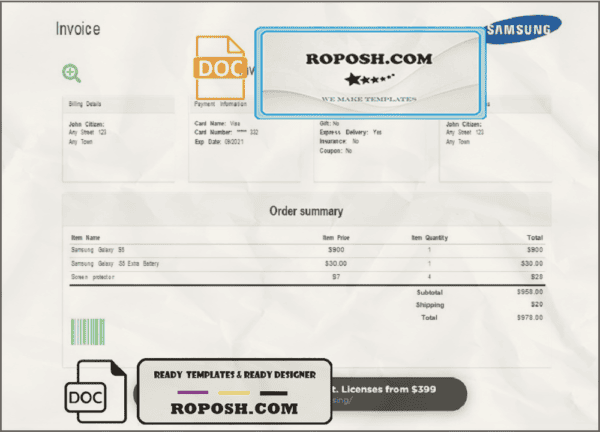 USA Samsung invoice template in Word and PDF format, fully editable