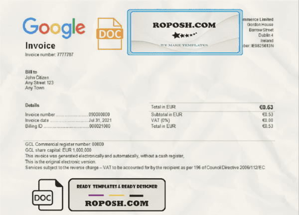 USA Google invoice template in Word and PDF format, fully editable