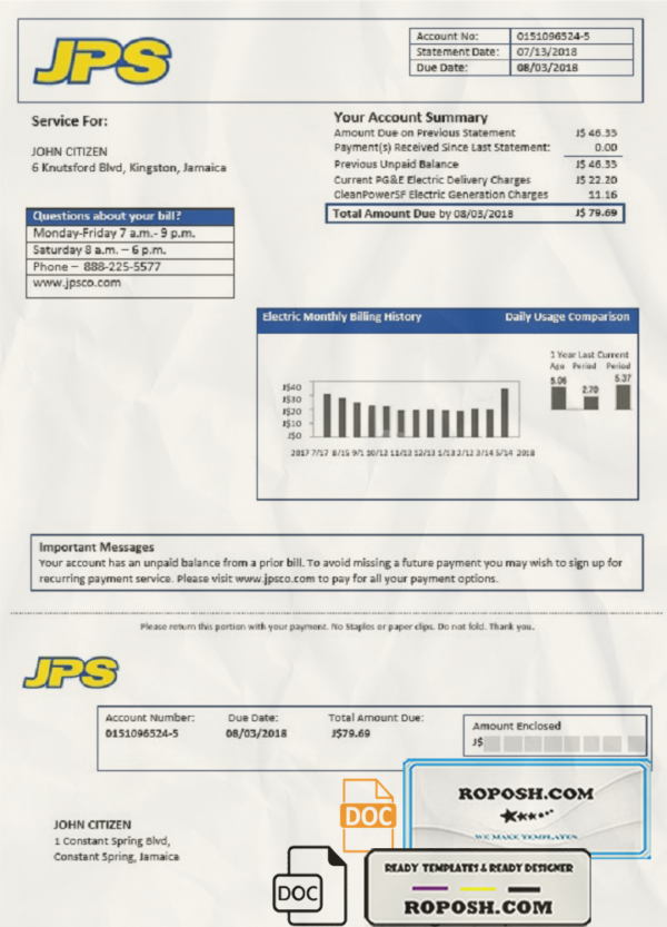 Jamaica Public Service (JPS) electricity utility bill template in Word and PDF format scan effect