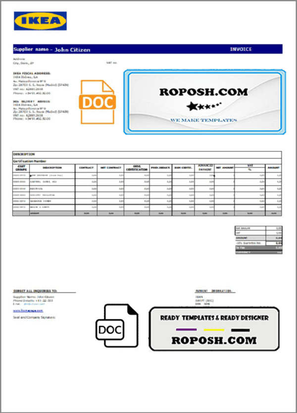 USA Ikea invoice template in Word and PDF format, fully editable