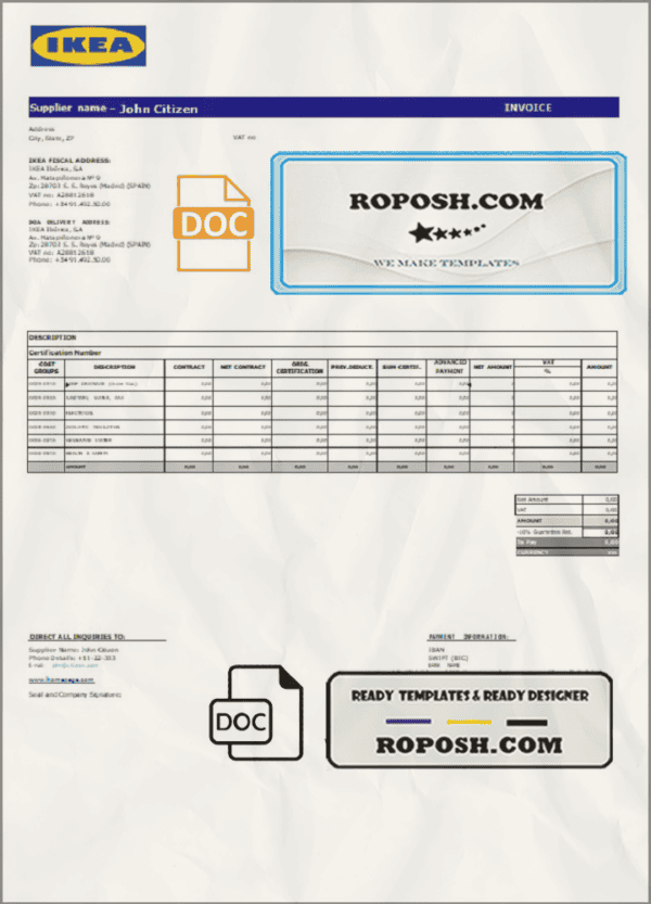 USA Ikea invoice template in Word and PDF format, fully editable
