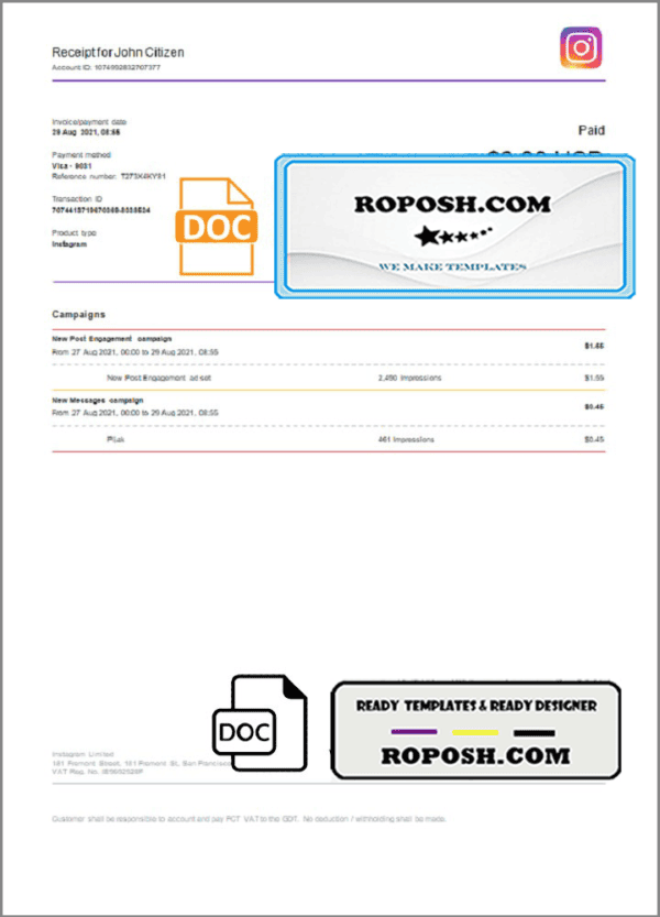 USA Instagram invoice template in Word and PDF format, fully editable