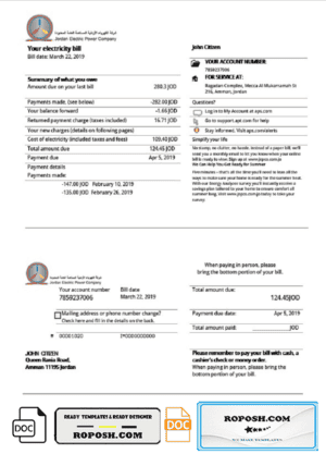 Jordan Jordanian Electric Power Co JEPCO electricity utility bill template in Word and PDF format