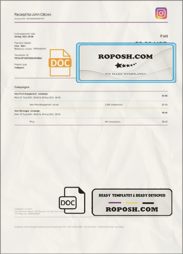 USA Instagram invoice template in Word and PDF format, fully editable