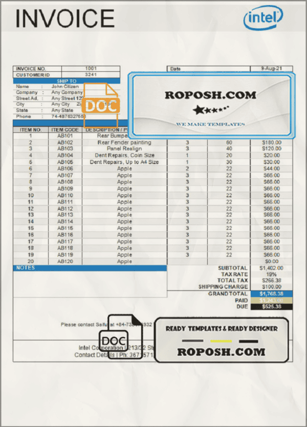 USA Intel invoice template in Word and PDF format, fully editable