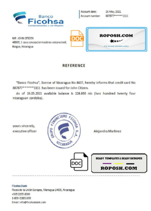 Nicaragua Banco Ficohsa bank account reference letter template in Word and PDF format