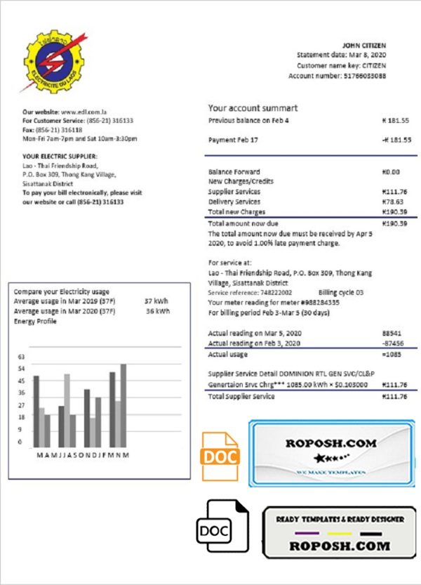 Laos Electricite du Laos electricity utility bill template in Word and PDF format
