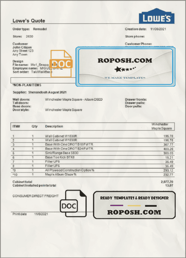 USA Lowe’s invoice template in Word and PDF format, fully editable