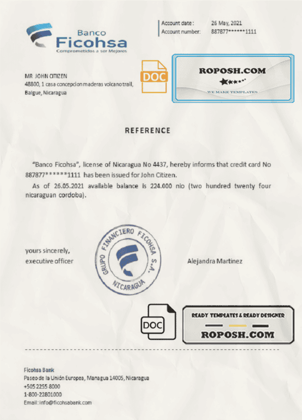 Nicaragua Banco Ficohsa bank account reference letter template in Word and PDF format