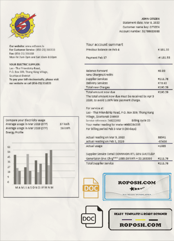 Laos Electricite du Laos electricity utility bill template in Word and PDF format
