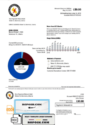 Liberia Electricity Corporation utility bill template in Word and PDF format