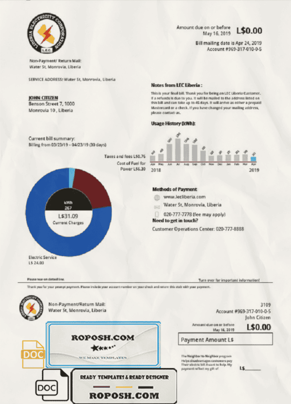 Liberia Electricity Corporation utility bill template in Word and PDF format
