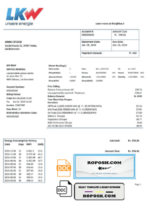 Liechtenstein Ische Kraftwerke (LKW) electricity utility bill template in Word and PDF format