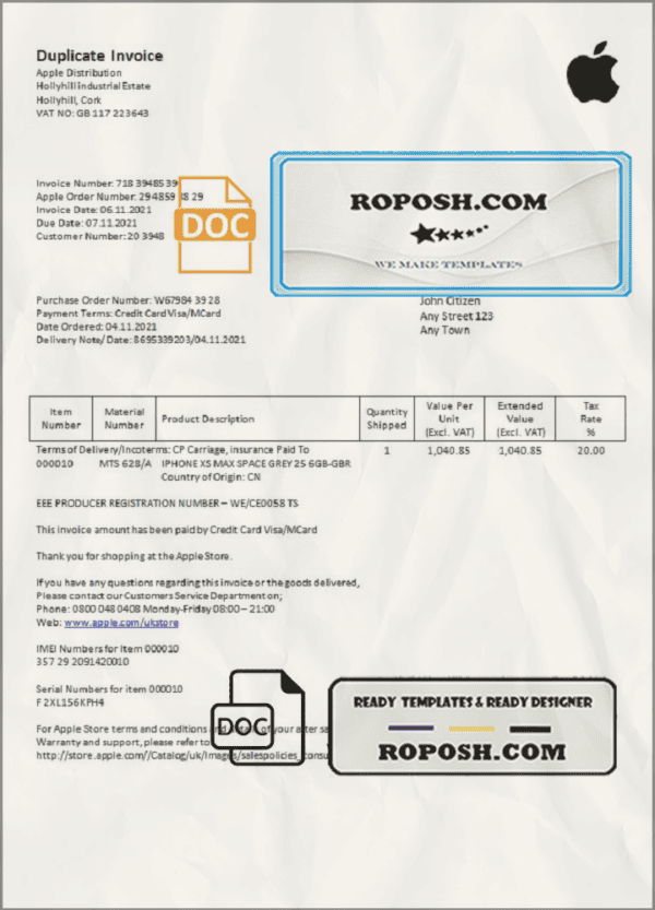 USA Apple invoice template in Word and PDF format, fully editable