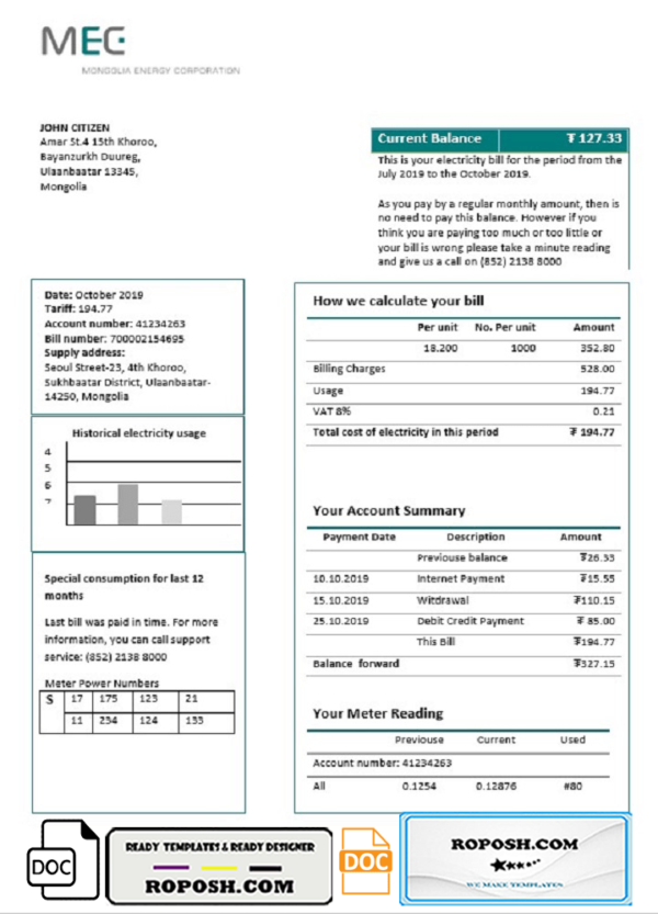 Mongolia Energy Corporation (MEC) electricity utility bill template in Word and PDF format