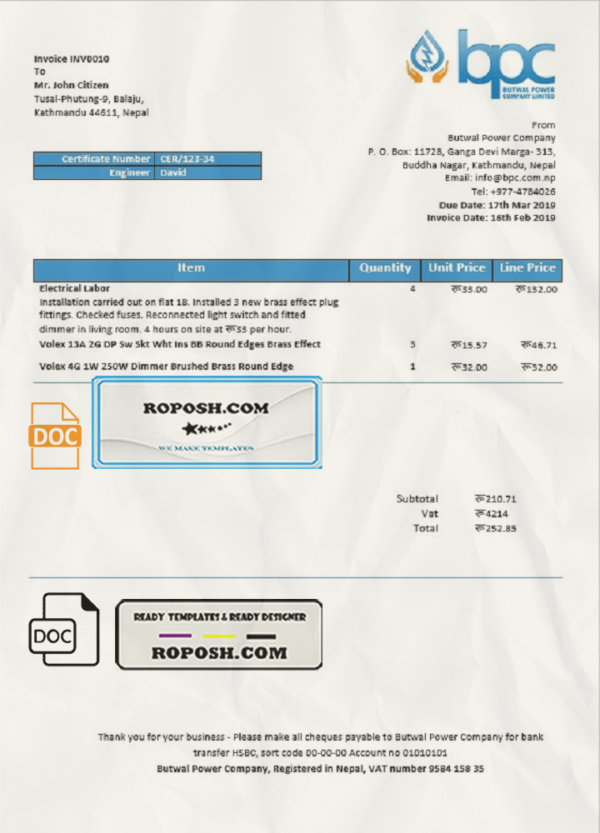 Nepal Butwal Power Company Limited electricity utility bill template in Word and PDF format scan effect