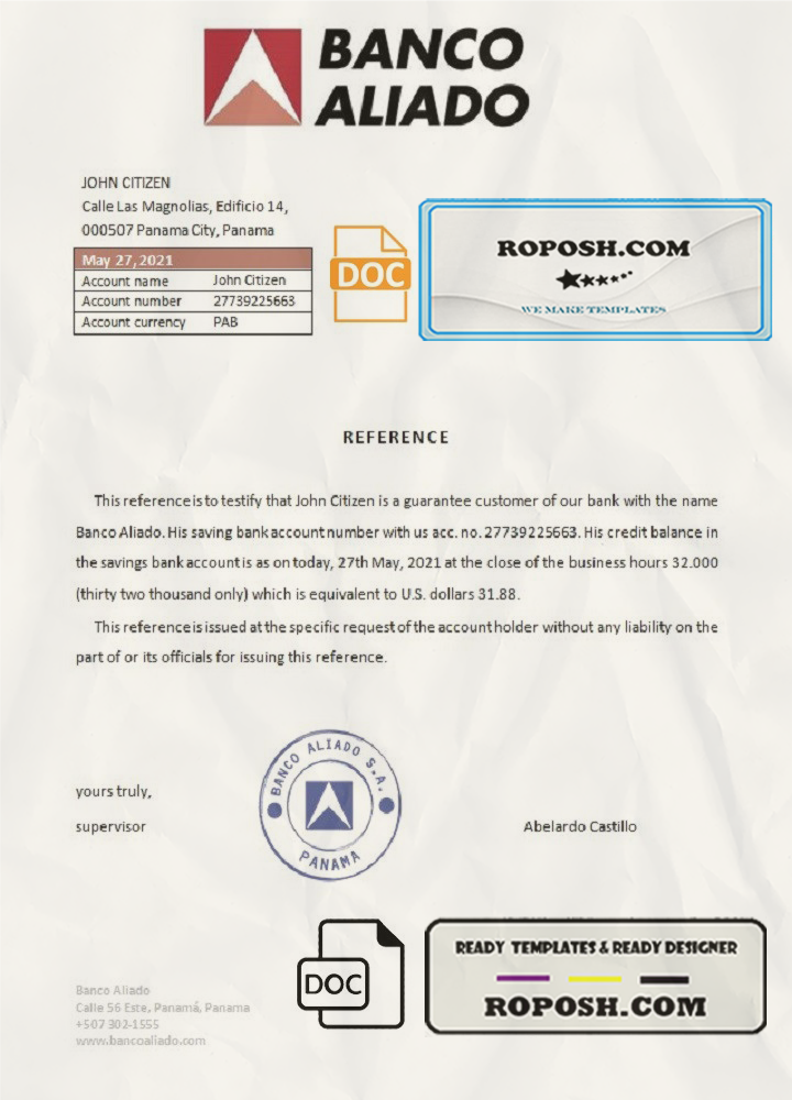 Panama Banco Aliado bank account reference letter template in Word and PDF format scan effect