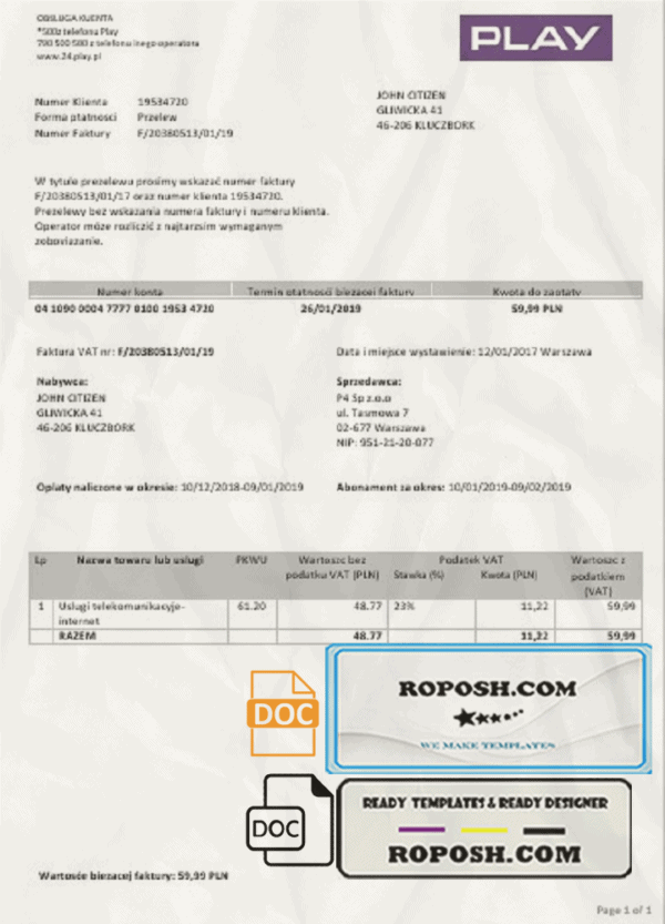 Poland Play utility bill template in Word and PDF format
