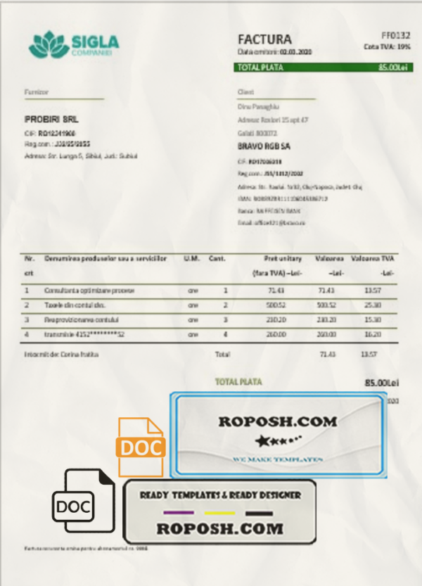 Romania SIGLA COMPANIEI utility bill template in Word and PDF format scan effect