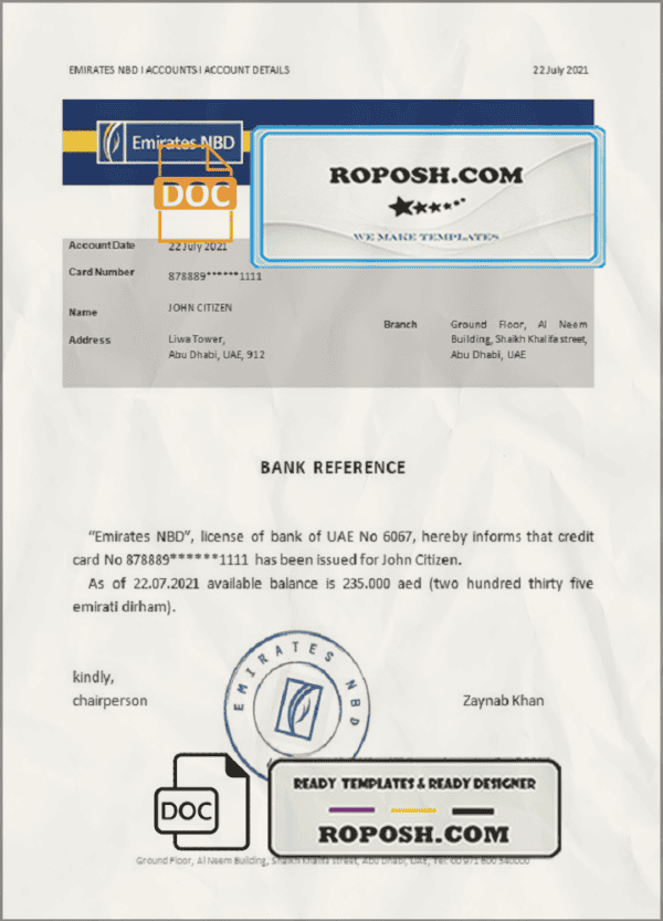 UAE Emirates NBD bank account balance reference letter template in Word and PDF format