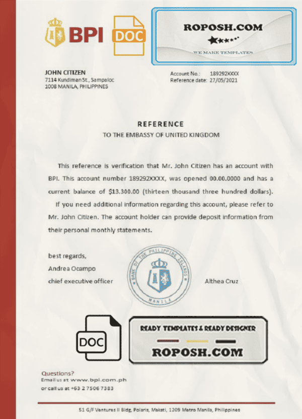 Philippines BPI bank reference letter template in Word and PDF format