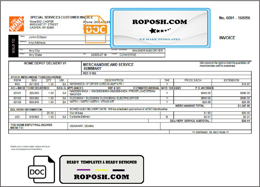 USA The Home Depot invoice template in Word and PDF format, fully editable