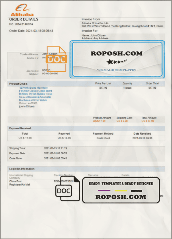 USA Alibaba invoice template in Word and PDF format, fully editable