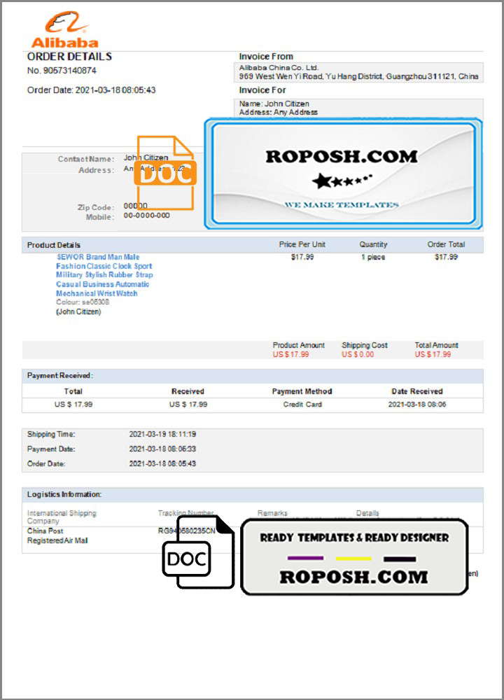 USA Alibaba invoice template in Word and PDF format, fully editable
