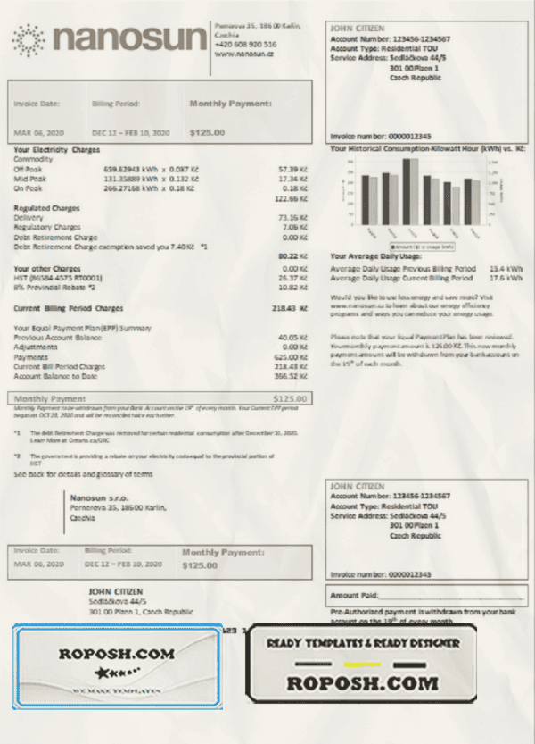 Czech Republic Nanosun s.r.o utility bill template in Word and PDF format