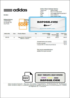 USA Adidas invoice template in Word and PDF format, fully editable