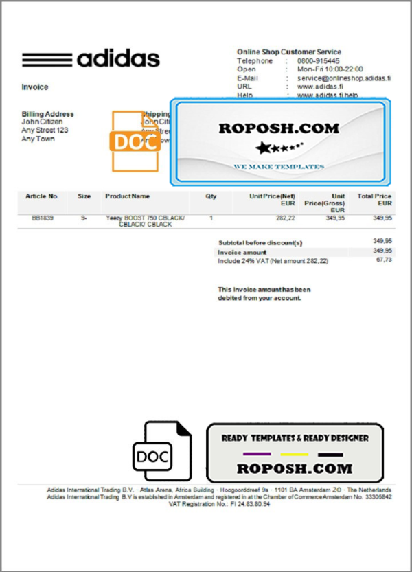 USA Adidas invoice template in Word and PDF format, fully editable