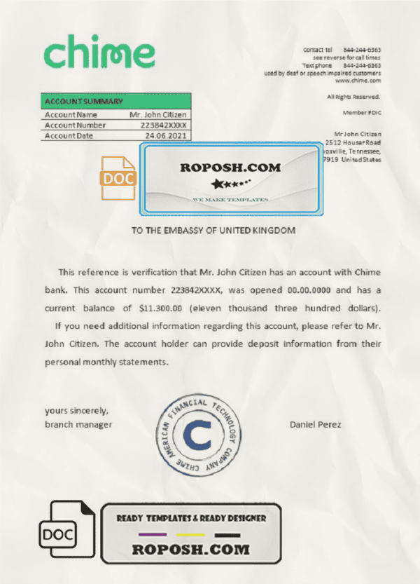 USA Chime bank reference letter template in Word and PDF format