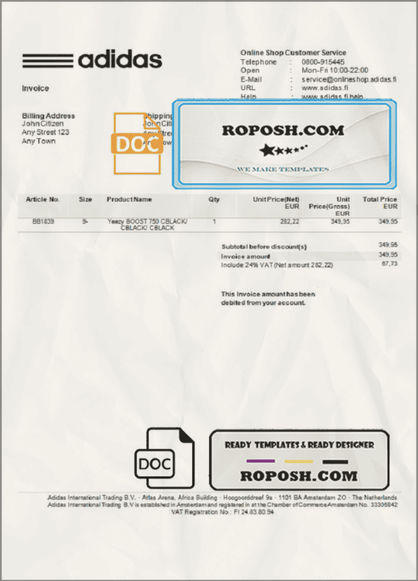 USA Adidas invoice template in Word and PDF format, fully editable