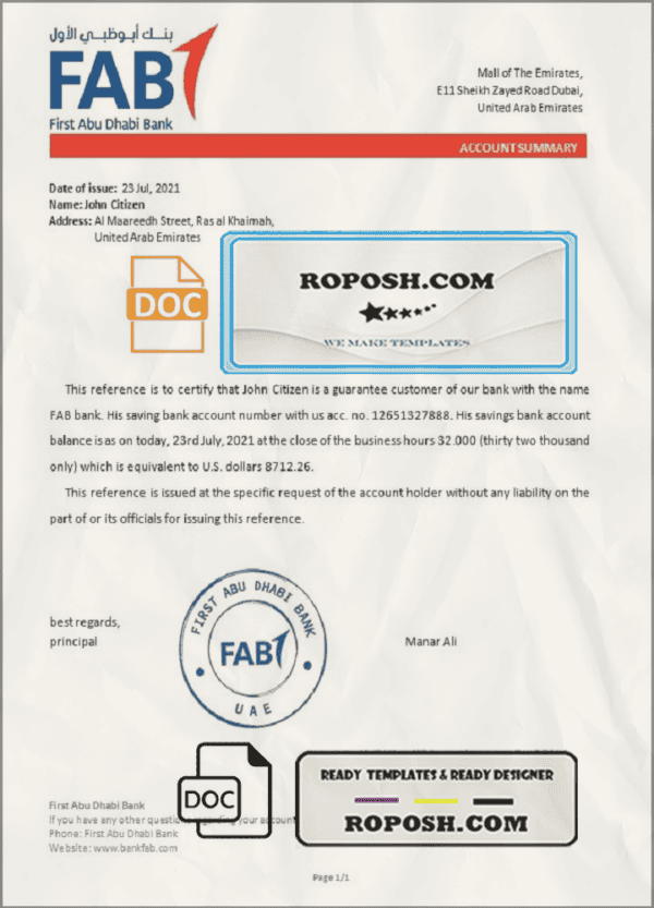 UAE FAB bank account balance reference letter template in Word and PDF format
