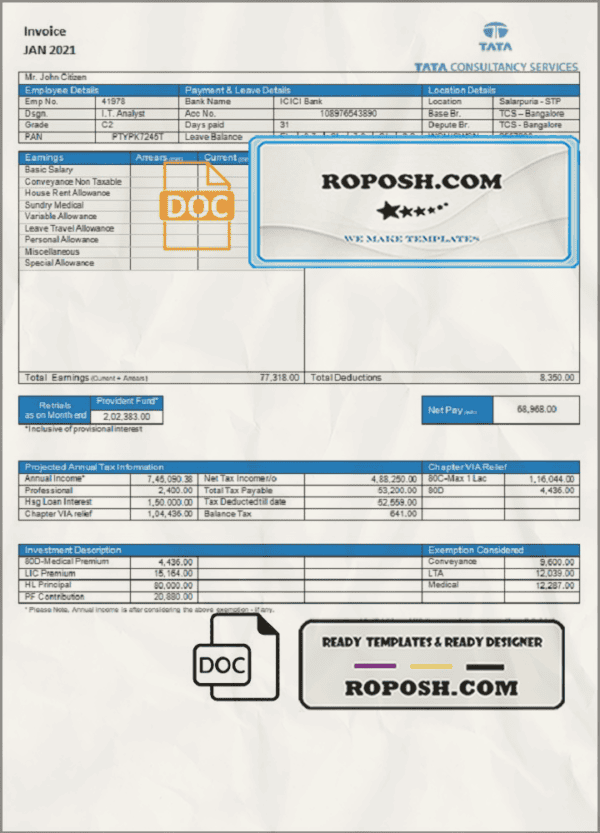 USA Tata Consulting Services invoice template in Word and PDF format, fully editable