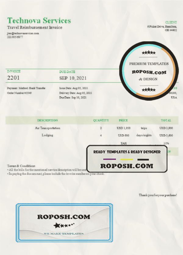 USA Technova Services invoice template in Word and PDF format, fully editable